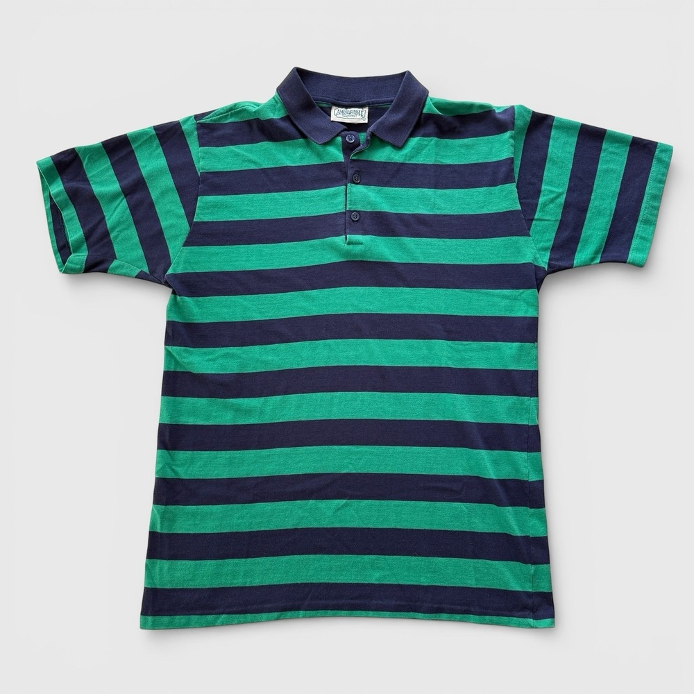 VTG American Eagle Striped Polo Shirt Short Sleeve Green Navy Y2K Preppy Men's L